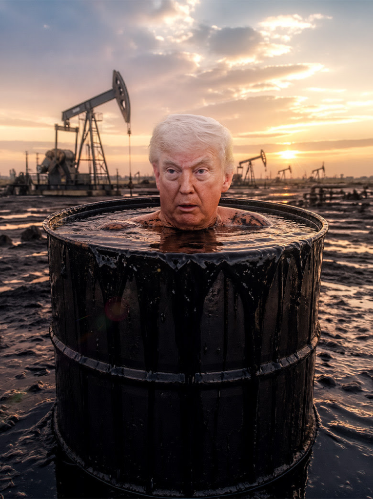 Older man's head protruding from a black oil drum in a muddy oil field at sunset, with pumpjacks in the background.