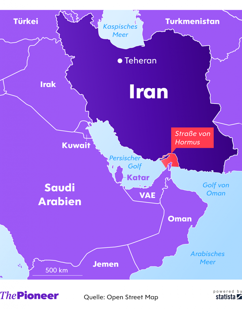 Infographic map centered on Iran with neighboring countries labeled; Tehran marked, Persian Gulf nearby, and the Strait of Hormuz highlighted in red