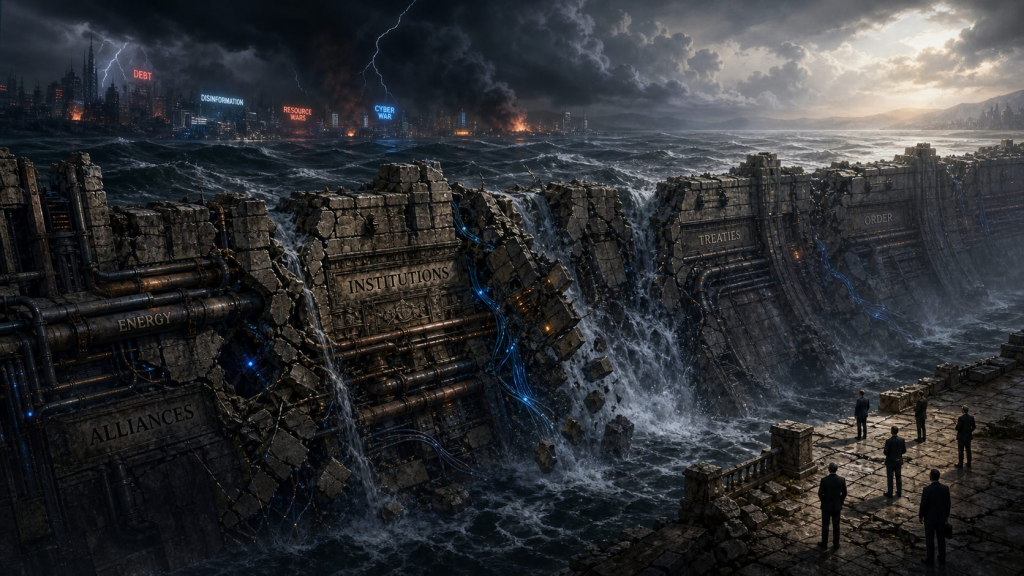 Massive crumbling seawall labeled with words like ENERGY, ALLIANCES, INSTITUTIONS, TREATIES, ORDER; stormy sea and distant city in ruins behind them, people in suits on a ruined platform watch the catastrophe.
