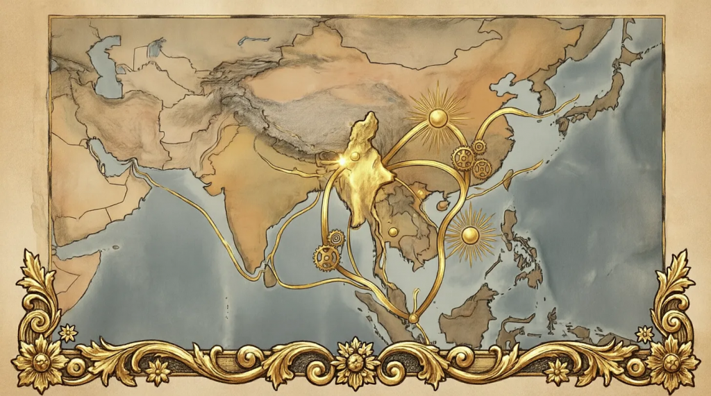 Decorative vintage map framed in an ornate gold border, featuring gold gears and spiraling mechanisms across a stylized world map.