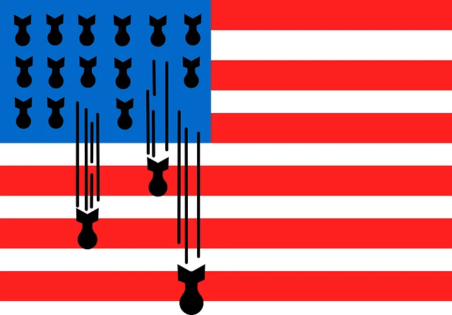 American flag with a blue canton containing repeated black abstract hanging shapes over the stripes, creating a stark, symbolic motif.