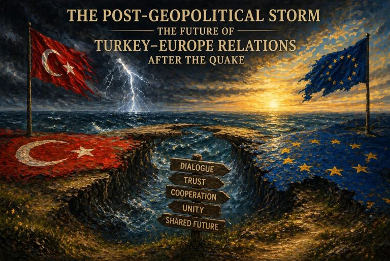 Dramatic scene of a post-geopolitical storm with Turkish and EU flags on opposite shores; wooden signs point to Dialogue, Trust, Cooperation, Unity, Shared Future.