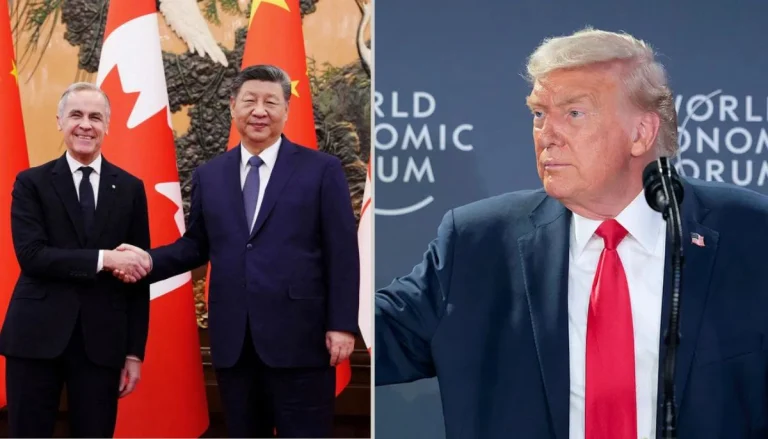 Left: Justin Trudeau and Xi Jinping shake hands in front of Canadian and Chinese flags. Right: Donald Trump speaks at a microphone, World Economic Forum backdrop.