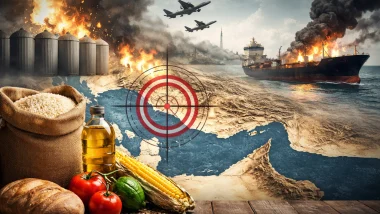 Food items in the foreground (grain, oil, vegetables) with burning ships and a spreading oil spill at sea, and a red target reticle over a map implying disruption to food supply.