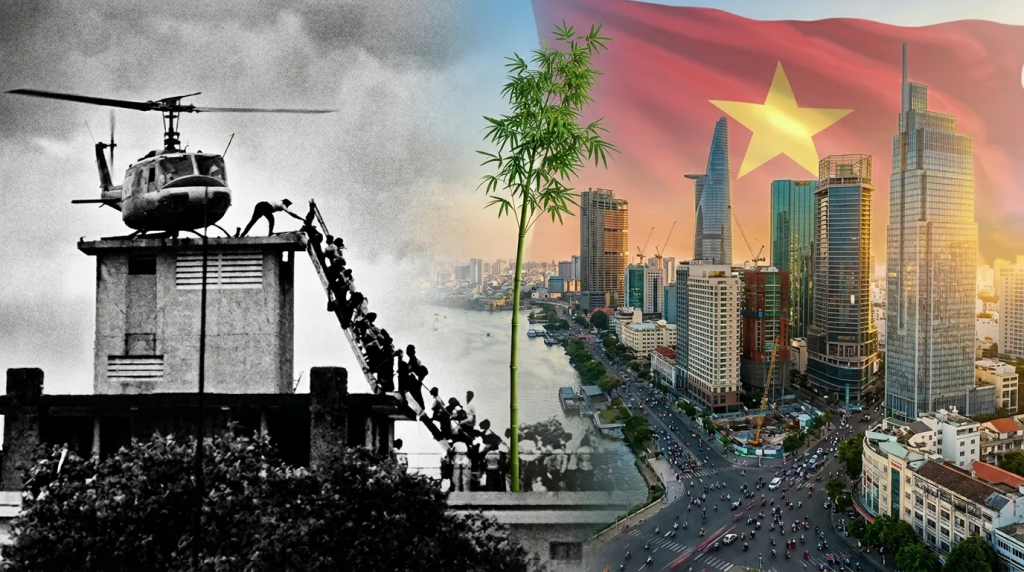 Split-image showing a black-and-white scene of a helicopter on a war monument with people climbing stairs on the left, and a modern Vietnamese city skyline with a large flag and a bamboo stalk in the center-right.