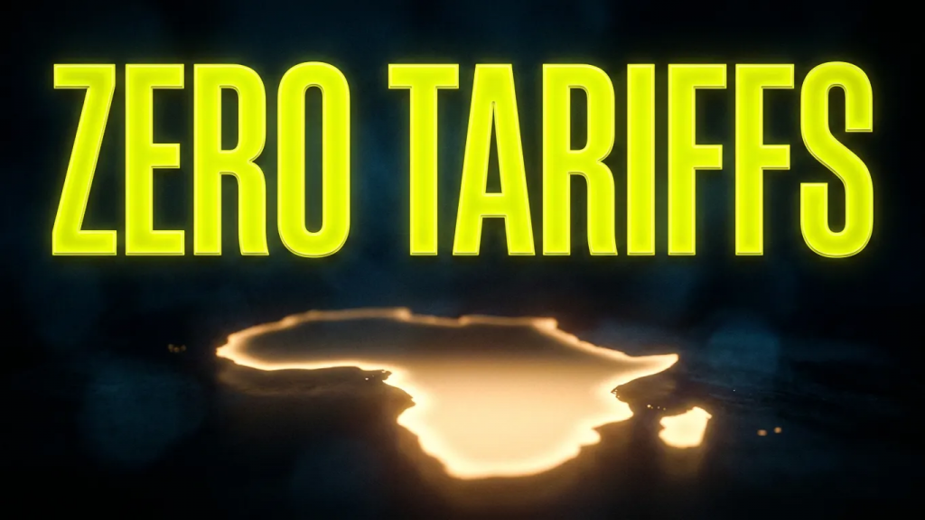 image - myworldpress.com Bold neon yellow text reading 'ZERO TARIFFS' over a dark background with a glowing puddle of light beneath it, conveying a policy message about no tariffs.