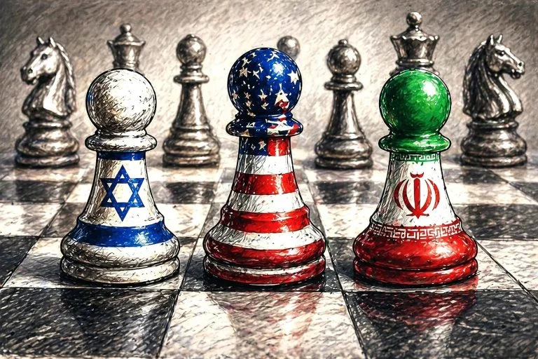 Three chess pawns on a checkered board painted with national flags—USA center, Israel left, Iran right—metallic pieces in the background.