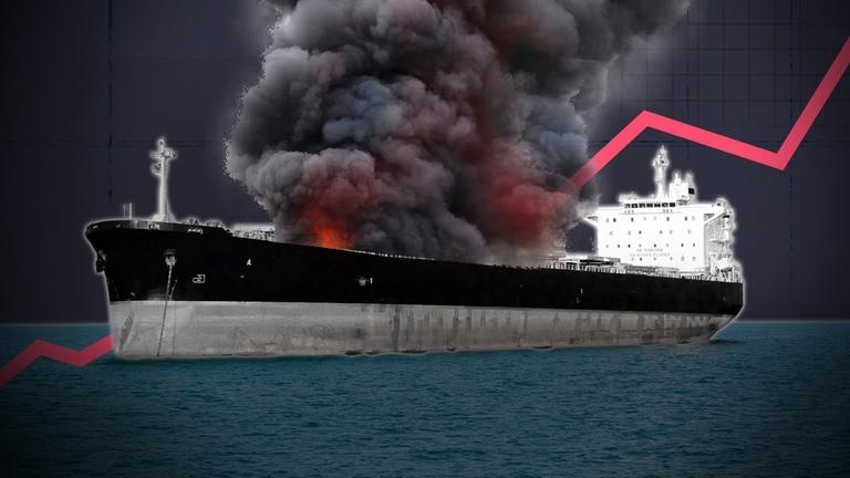 Oil tanker on fire with thick black smoke at sea, with a red upward-trending graph in the background, signaling market disruption.