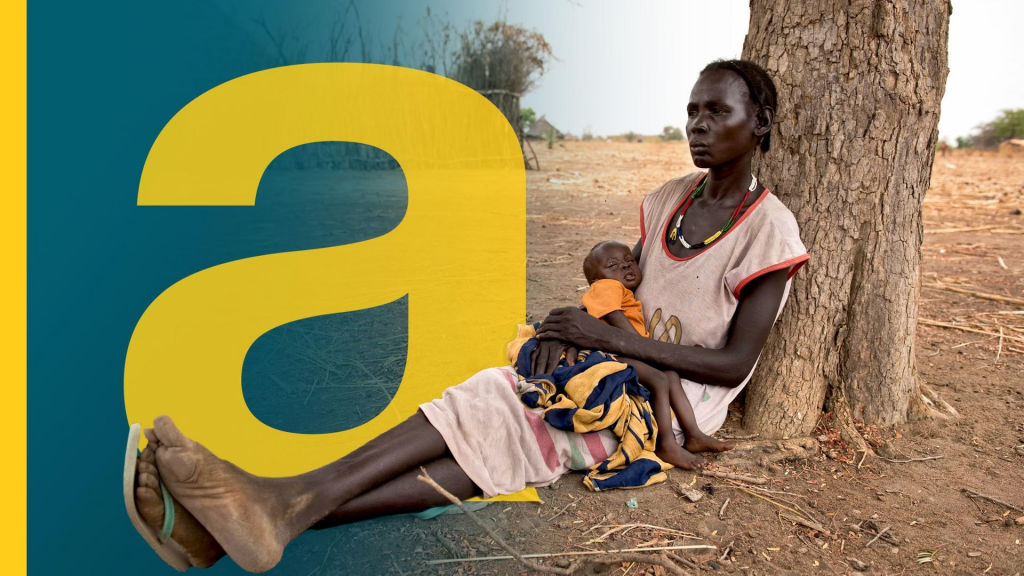 Woman sitting by a tree in a dry, dusty landscape, cradling a sleeping baby wrapped in a colorful blanket; a large teal/yellow graphic overlay covers the left side of the image.