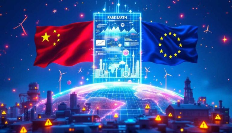 China and European Union flags rise above a glowing Earth with a holographic data dashboard labeled Rare Earth, symbolizing rare earth trade and data analysis.