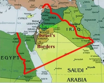 image - myworldpress.com Map highlighting Israel's borders with a bold red outline around the region, labeled 'Israel's Borders'
