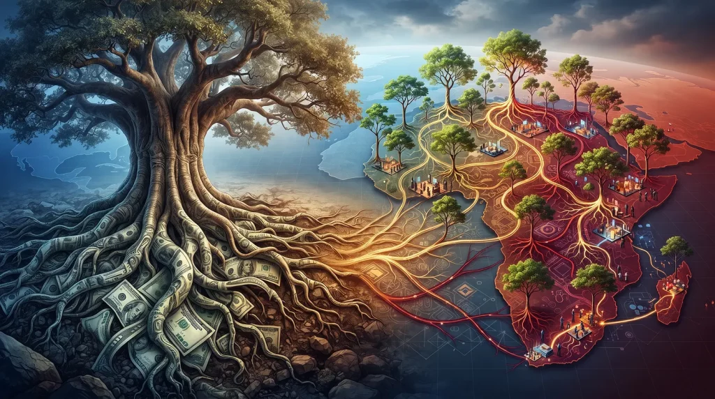 Tree with money as roots on the left feeding a glowing world map connected by bright economic networks across continents, illustrating wealth flow.