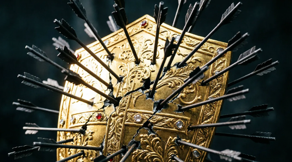 image - myworldpress.com Ornate gold shield pierced by numerous arrows, with cracks and damage visible in a close-up