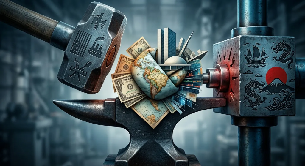 image - myworldpress.com Anvil and hammer forging a stack of money, maps, and a globe—symbolizing global finance. 10, world economy forged in industry.
