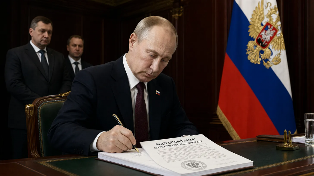 image - myworldpress.com A man in a dark suit signs a document at a desk, with a Russian flag in the background.