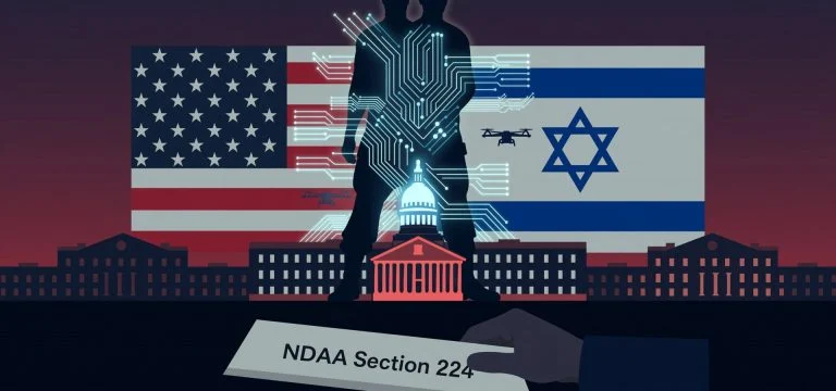 Silhouetted figure with circuit patterns above a government building, flanked by US and Israel flags, as a hand holds a NDAA Section 224 document.