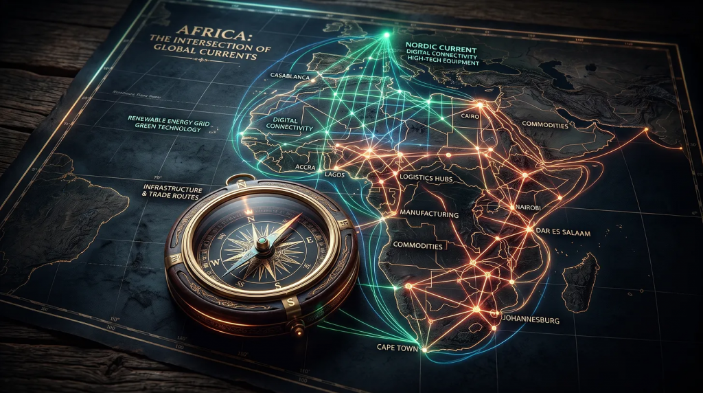 image - myworldpress.com Africa-focused world map with glowing network lines and a vintage brass compass in the foreground.