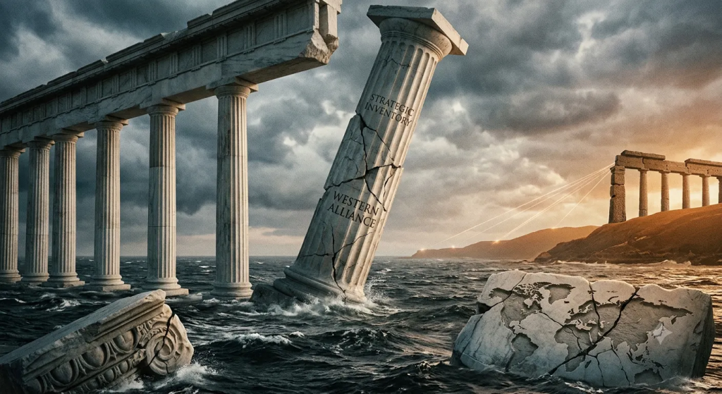 image - myworldpress.com Ancient temple columns sinking into a rough sea; a cracked pillar is labeled 'Strategic Inventory' and 'Western Alliance'.